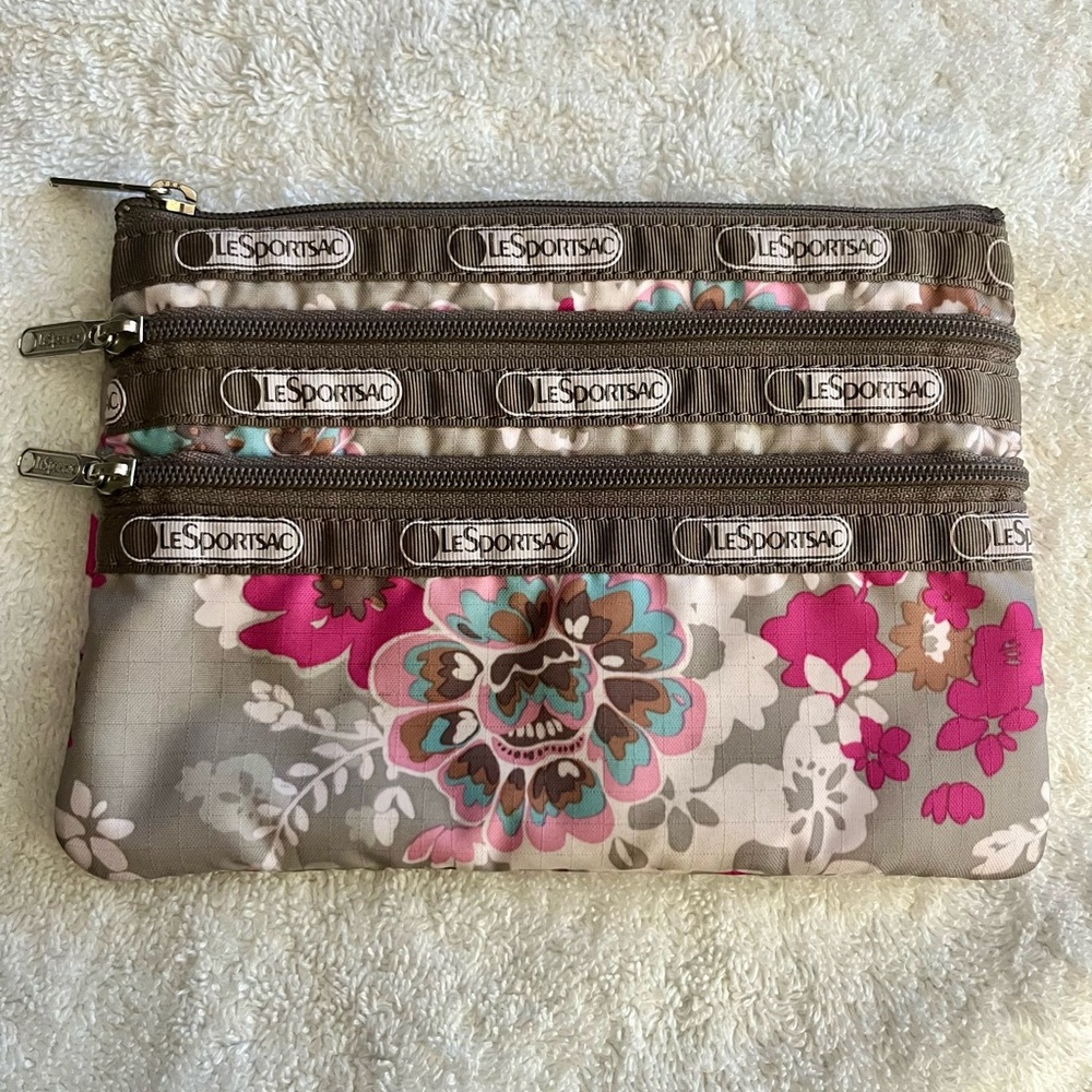 LeSportsac 3 Pocket Zipper Pouch Cosmetic, Travel, Toiletry Bag